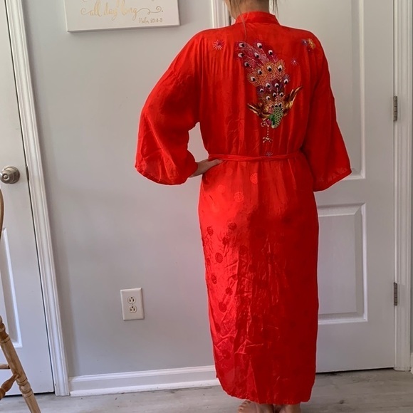 Golden‎ Bee Vintage Embroidered Robe Tie Waist Chinese Kimono Red peacock M - Picture 3 of 15